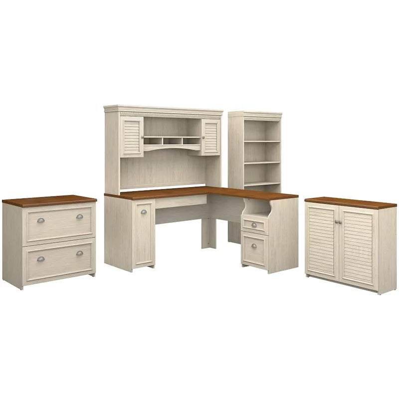 Antique White 5 Pc Engineered Wood Desk with Storage P80446