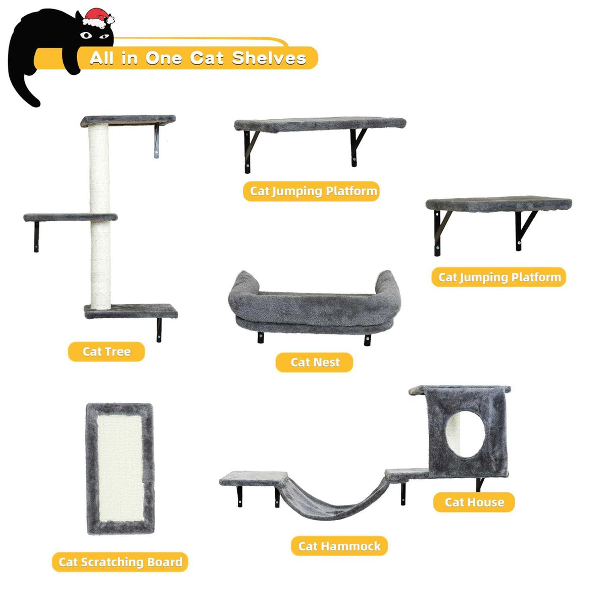 6 Pcs Wall-Mounted Cat Shelves K225585