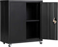 Black Metal Storage Cabinet with 2 Locking Doors and Wheels S841180