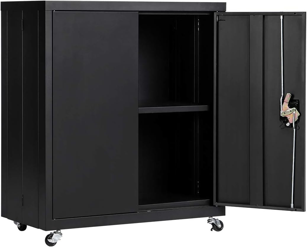 Black Metal Storage Cabinet with 2 Locking Doors and Wheels S841180