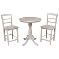 Solid Wood Round Pedestal Counter Height Table & 2 Stools Washed Gray Taupe Set of 3 M933