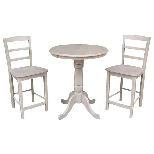 Solid Wood Round Pedestal Counter Height Table & 2 Stools Washed Gray Taupe Set of 3 M933