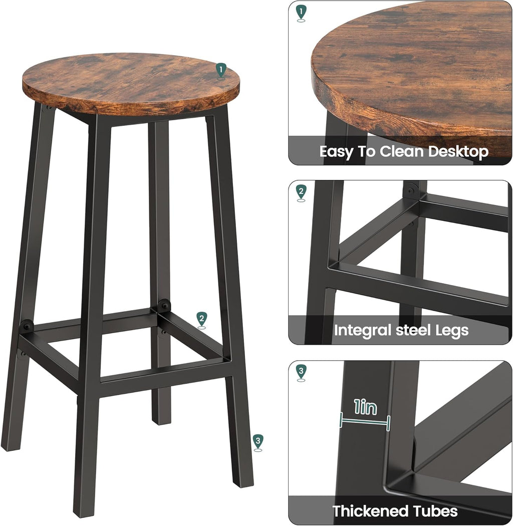 Set of 2 Bar Stools with Footrest, 25.6 Inch Tall, Rustic Brown and Black W332