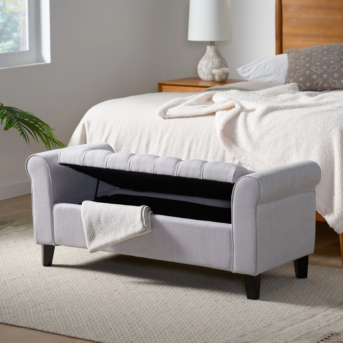 Light Gray and Dark Brown Fabric Storage Ottoman Bench D187402