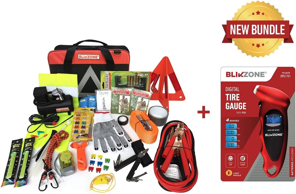 82 Pc Auto Roadside Emergency Car Kit with Tire Repair Kit, Jumper Cables, Portable Air Compressor, Tow Strap, Emergency Triangle L24593