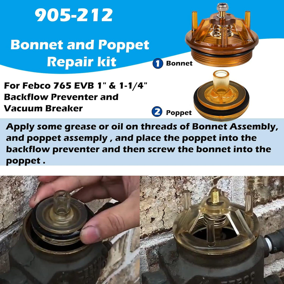 905-212 Bonnet and Poppet Repair Kit & 905-052 Check Valve Assembly Repair Kit & Canopy for Febco 765EBV 1" & 1-1/4" 765 Backflow Preventer and Vacuum Breaker Pack of 2 L48074
