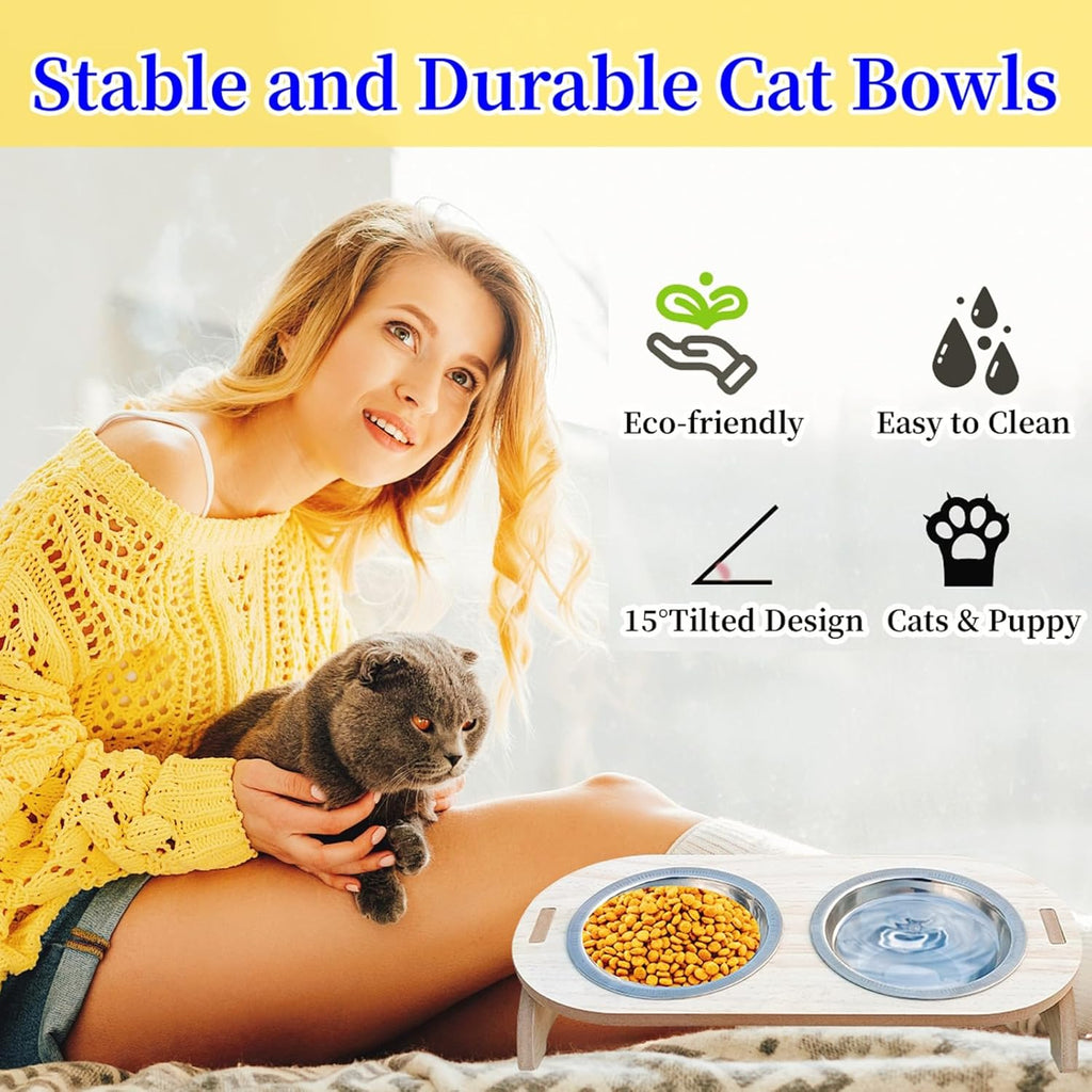 15° Tilted Raised Stainless Steel Cat Bowls with Wood Stand Q274