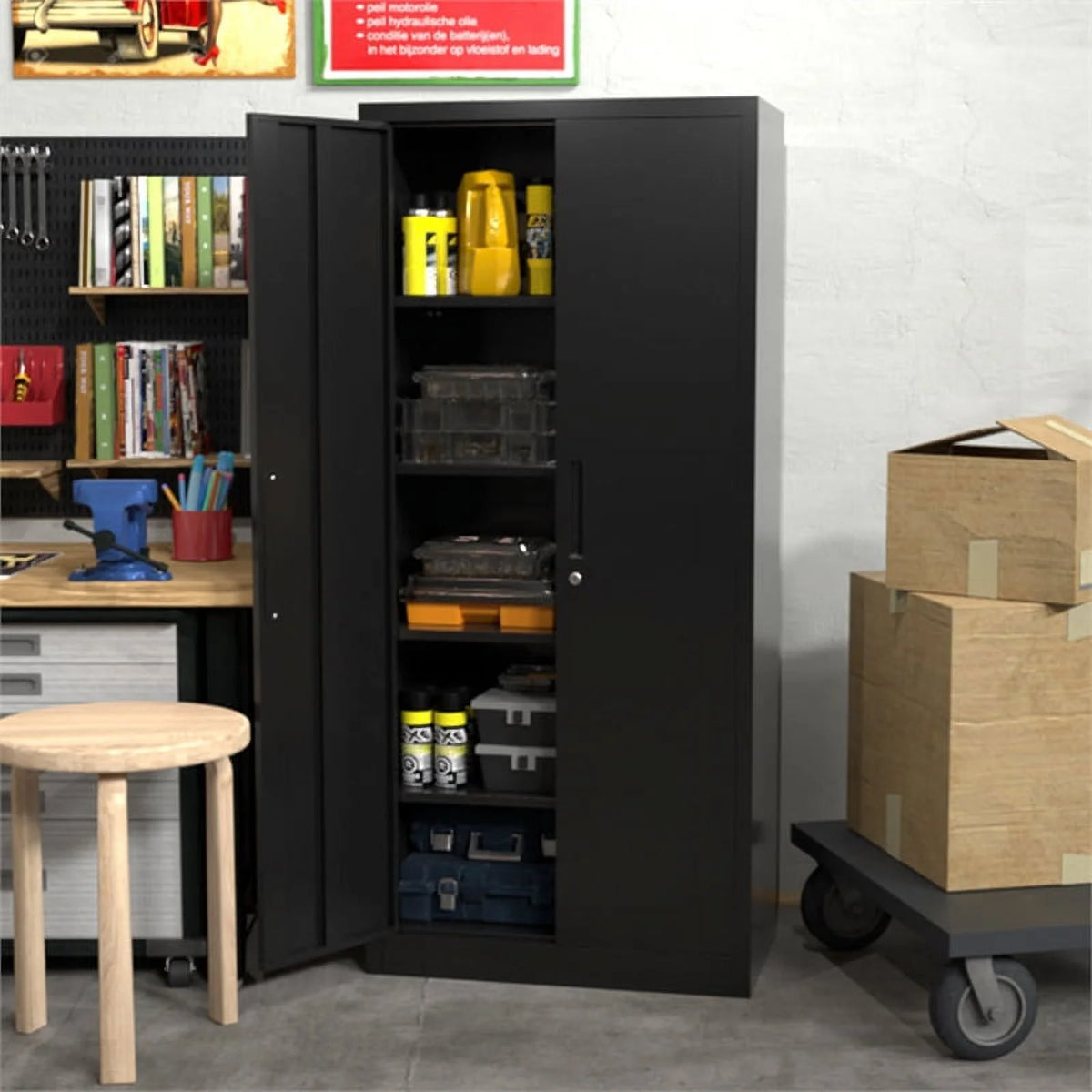 Black Metal Garage Storage Cabinet with Doors and Lock H8994