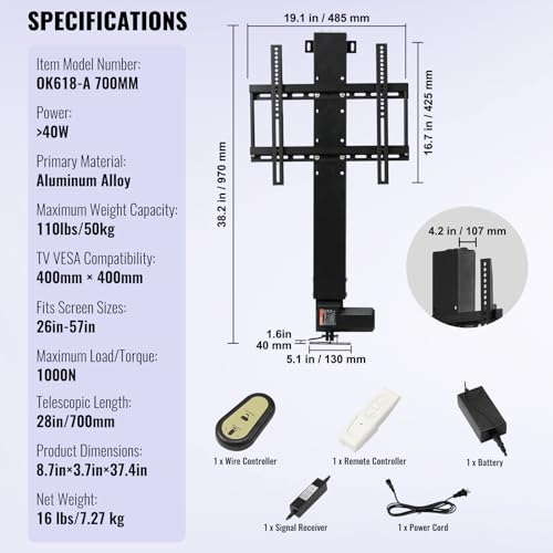 Motorized TV Lift Stand, Adjustable Height 38" to 66", Remote Control P614422