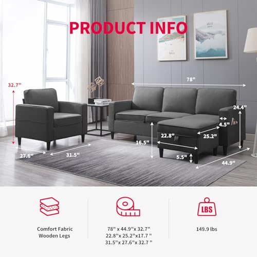 3PCS Linen Upholstered Sofa Set with Side Pockets & Storage Ottoman (Dark Grey) B88294
