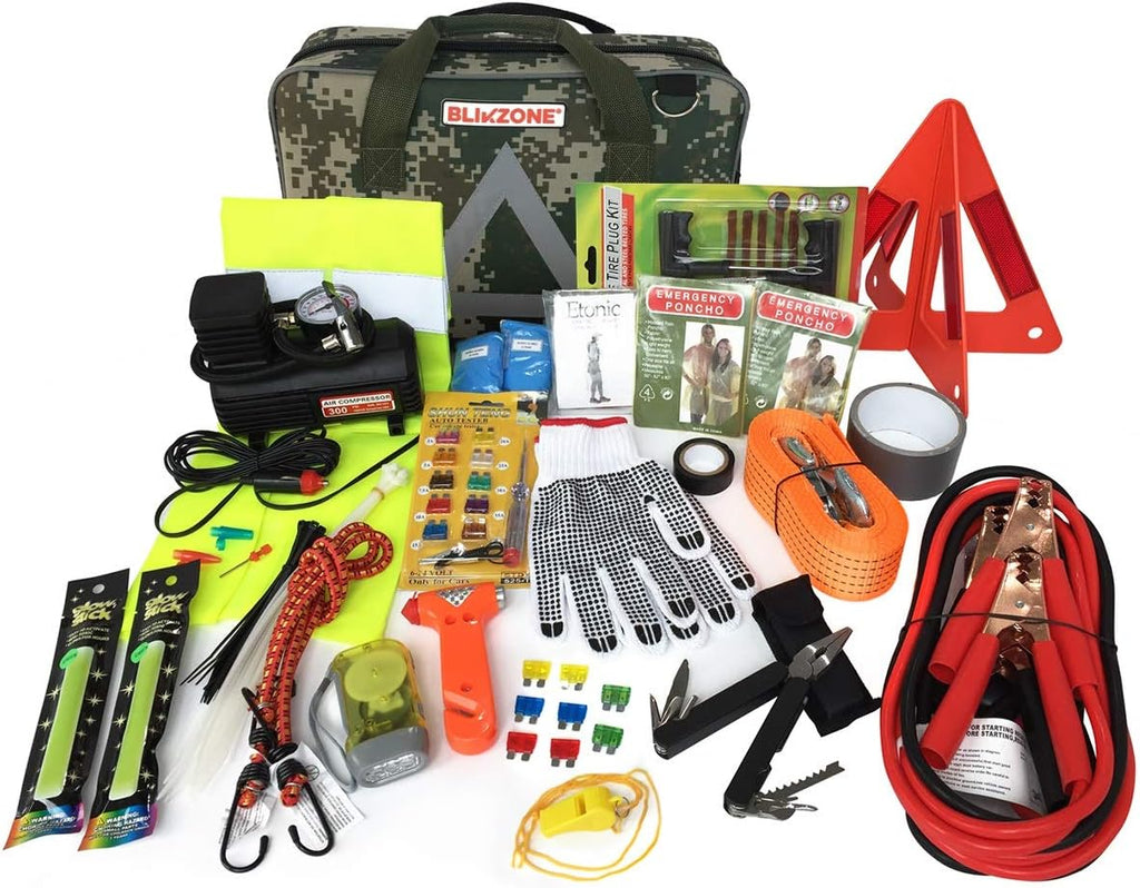 82 Pc Auto Roadside Emergency Car Kit with Tire Repair Kit, Jumper Cables, Portable Air Compressor, Tow Strap, Emergency Triangle L24593
