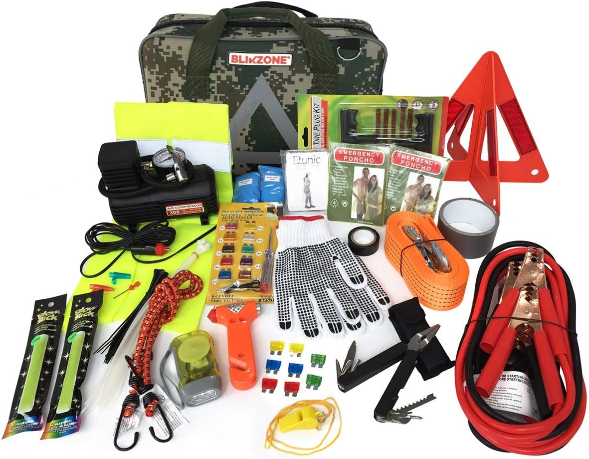 82 Pc Auto Roadside Emergency Car Kit with Tire Repair Kit, Jumper Cables, Portable Air Compressor, Tow Strap, Emergency Triangle L24593