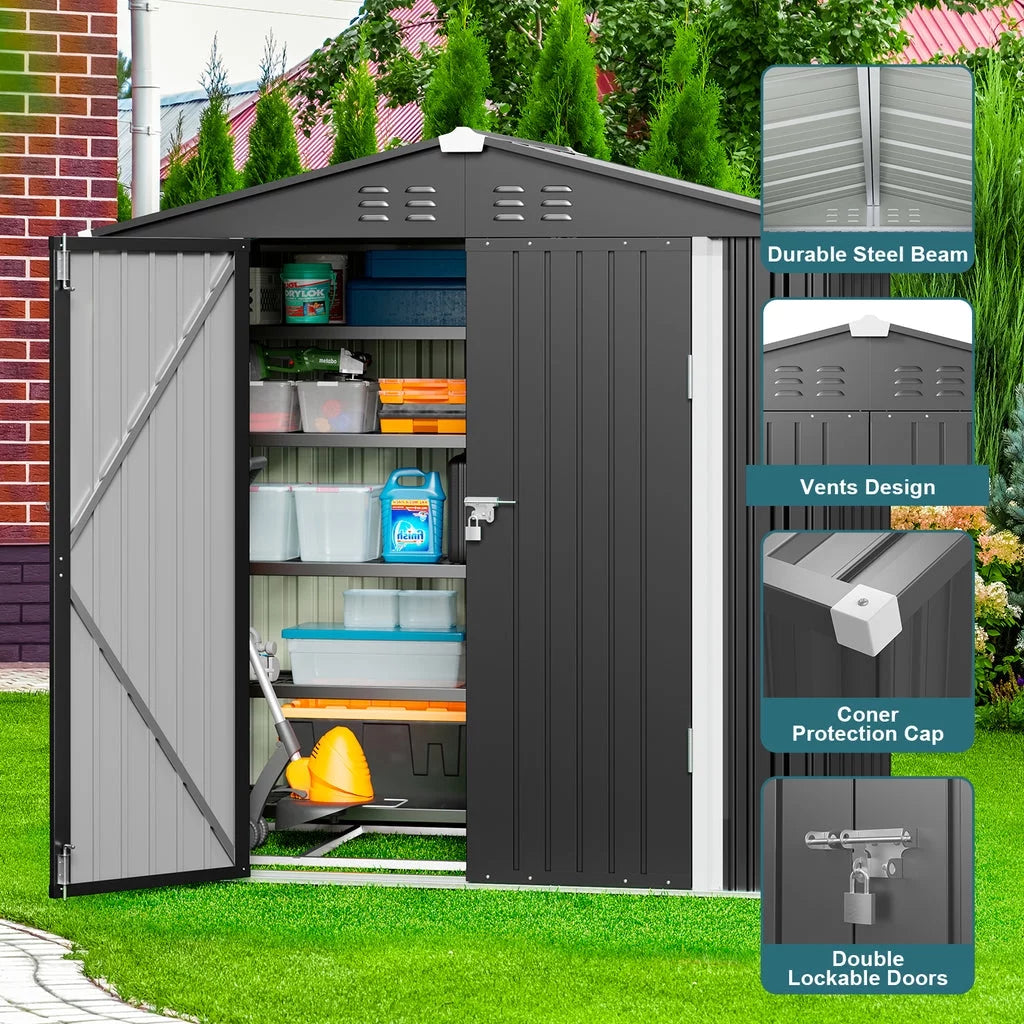Gray 8' x 6' Outdoor Storage Shed with Metal Base Frame E673