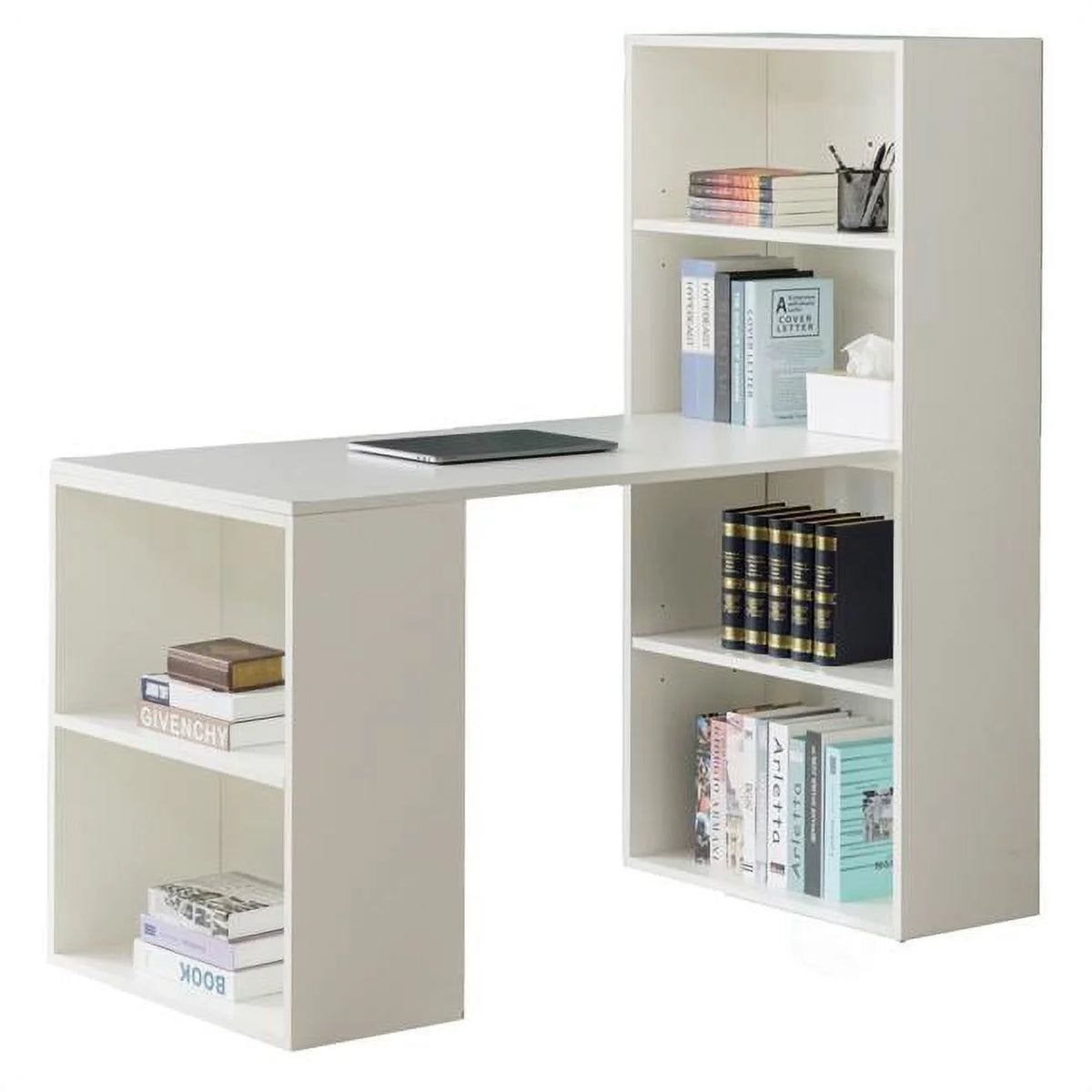 White Computer Writing Workstation Table with Bookshelf X7267