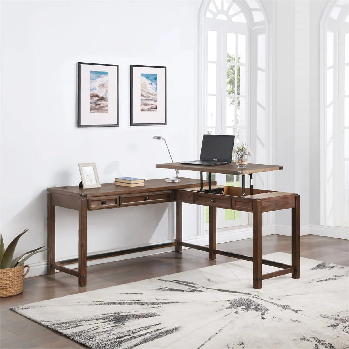 Brushed Walnut Engineered Wood Sit-to-Stand L-Desk Y525765