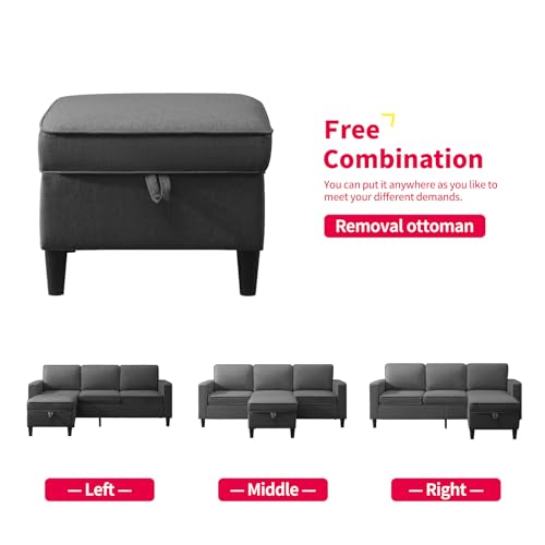 3PCS Linen Upholstered Sofa Set with Side Pockets & Storage Ottoman (Dark Grey) B88294