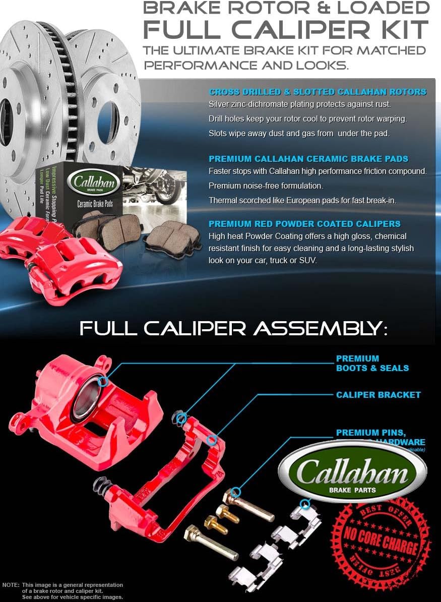 Red Powder Coated Calipers Drilled Slotted Rotors Ceramic Pads W593