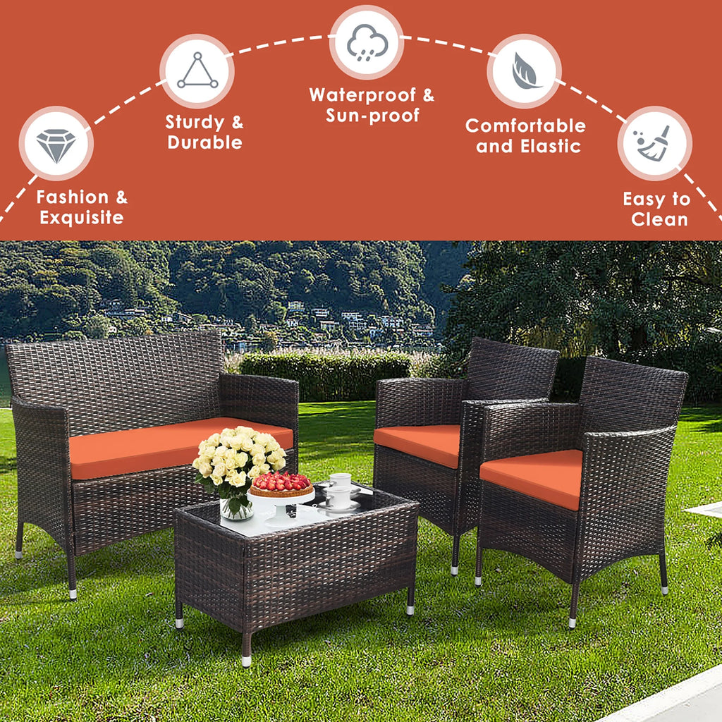 4 Pc Patio Rattan Conversation Furniture Set with Orange Cushion W150