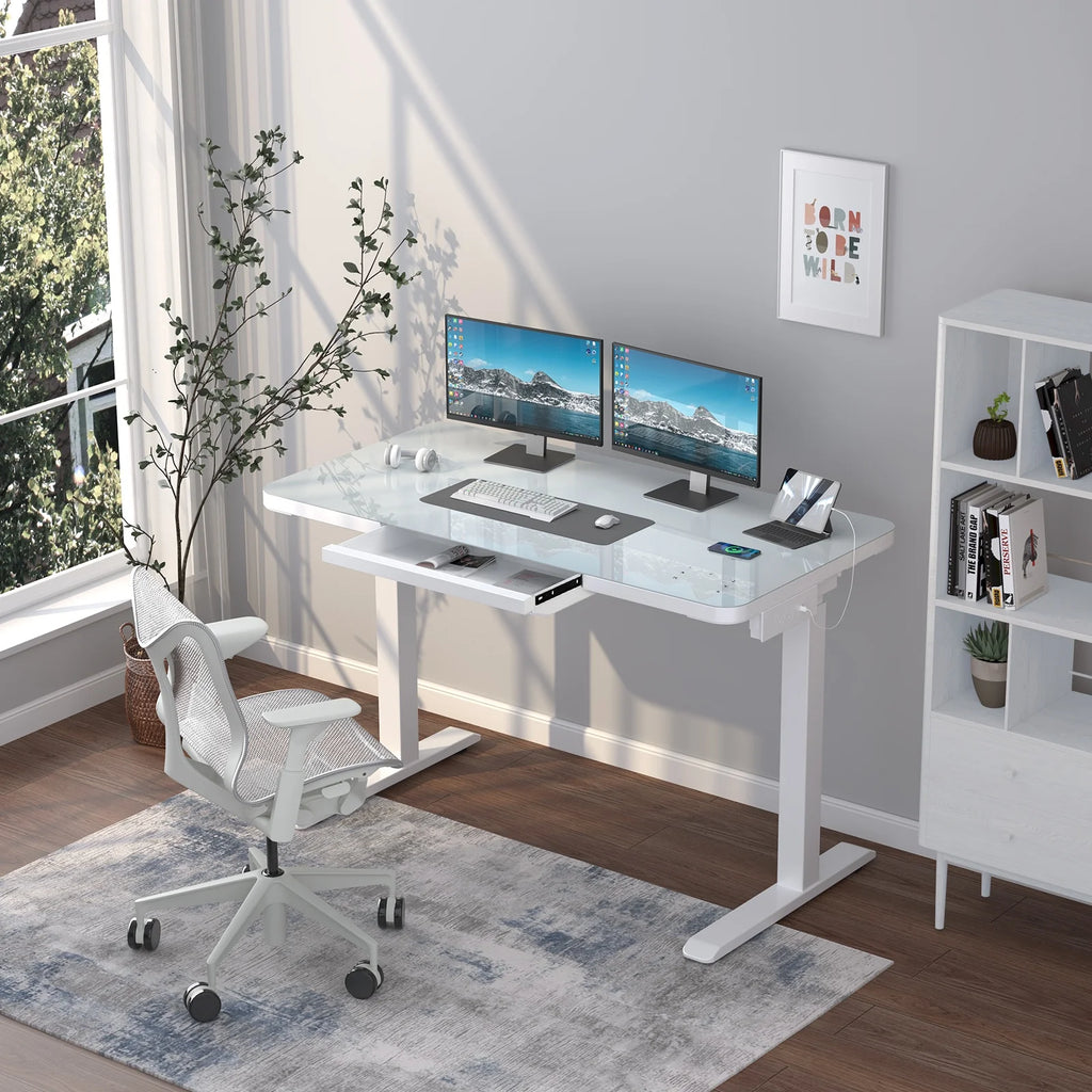 White Electric Glass Standing Desk with Drawers R722