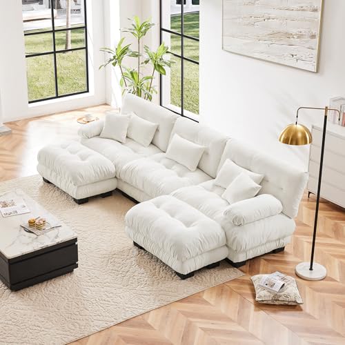 White Oversized Chenille Modular Sectional Sofa with 2 Ottomans V8213