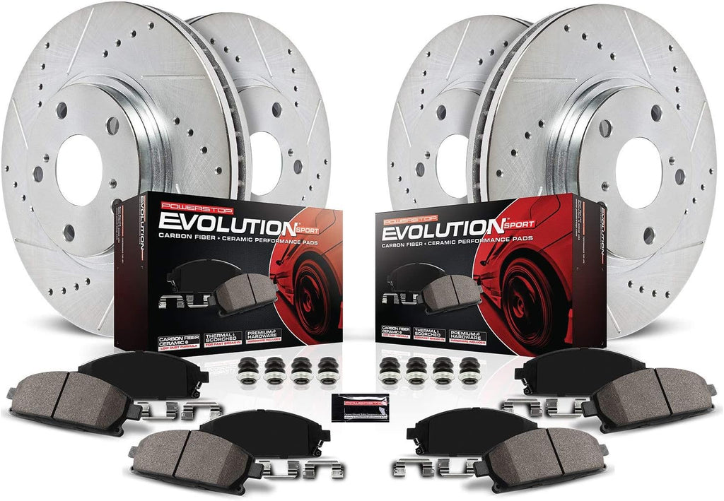 Front and Rear Carbon Fiber Brake Pads with Drilled & Slotted Brake Rotors Kit U988