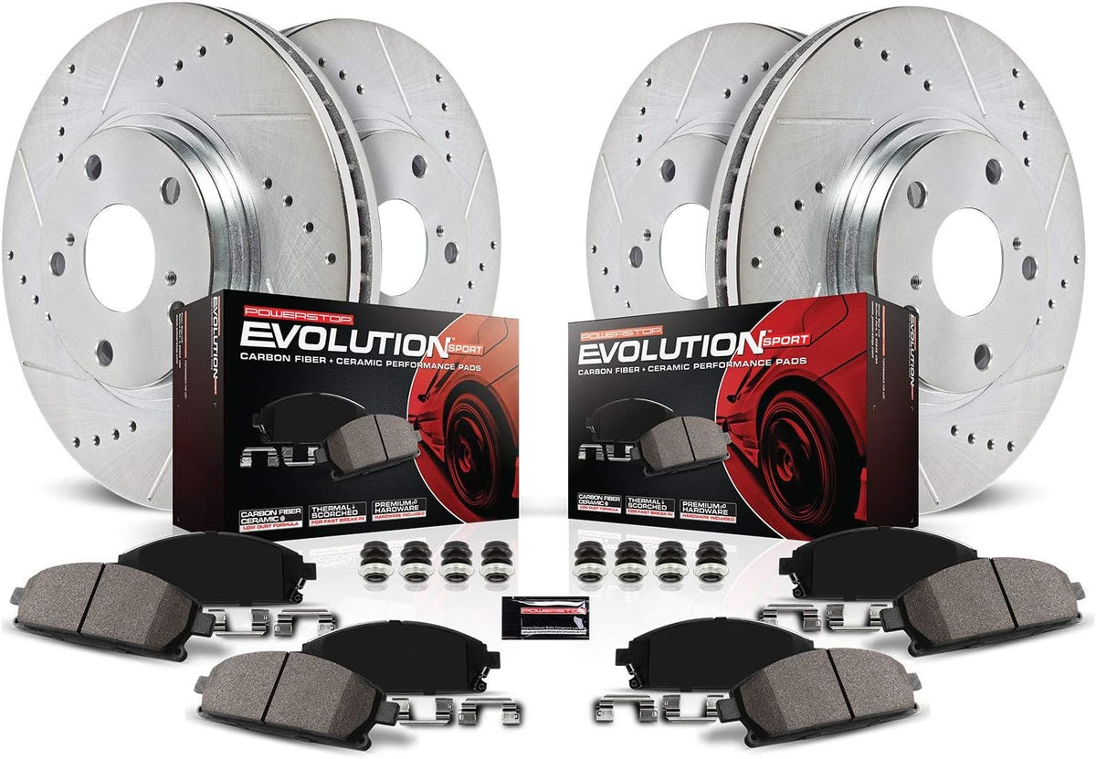 Front and Rear Carbon Fiber Brake Pads with Drilled & Slotted Brake Rotors Kit U988
