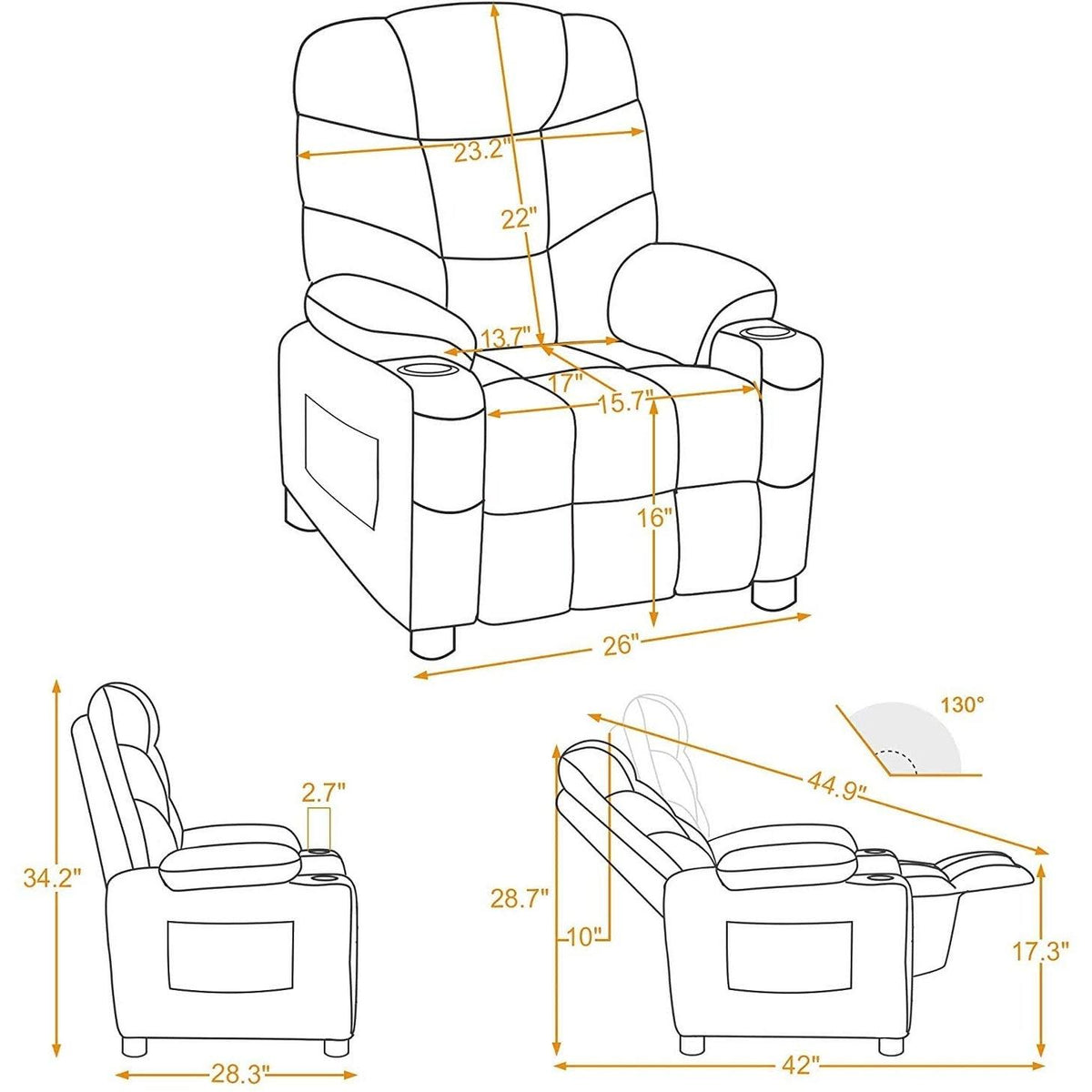 Velvet Recliner Chair with Cup Holders T958151