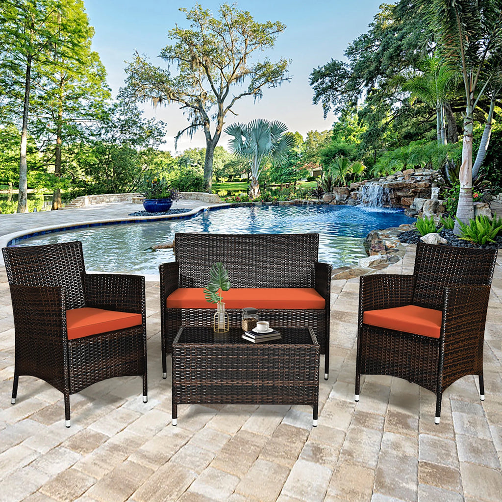 4 Pc Patio Rattan Conversation Furniture Set with Orange Cushion W150