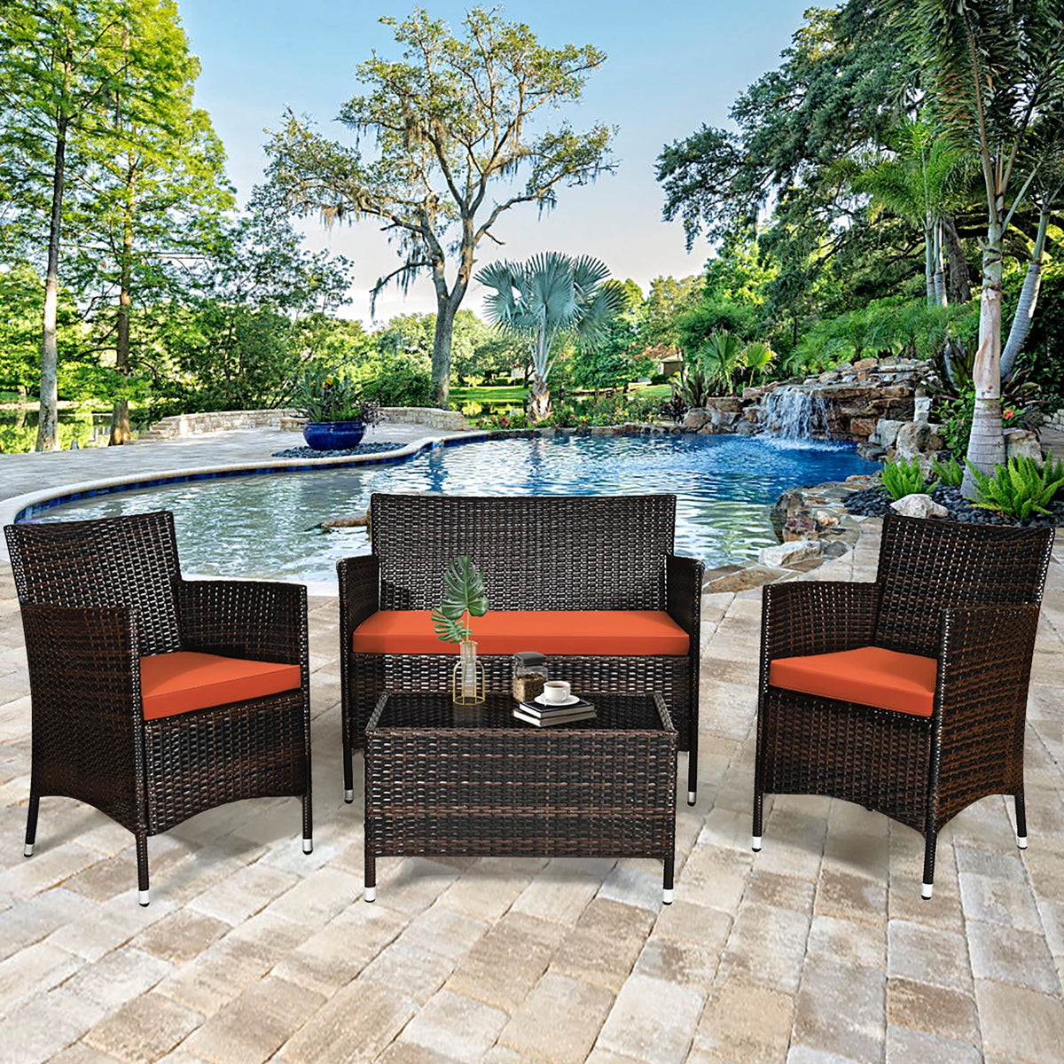 4 Pc Patio Rattan Conversation Furniture Set with Orange Cushion W150