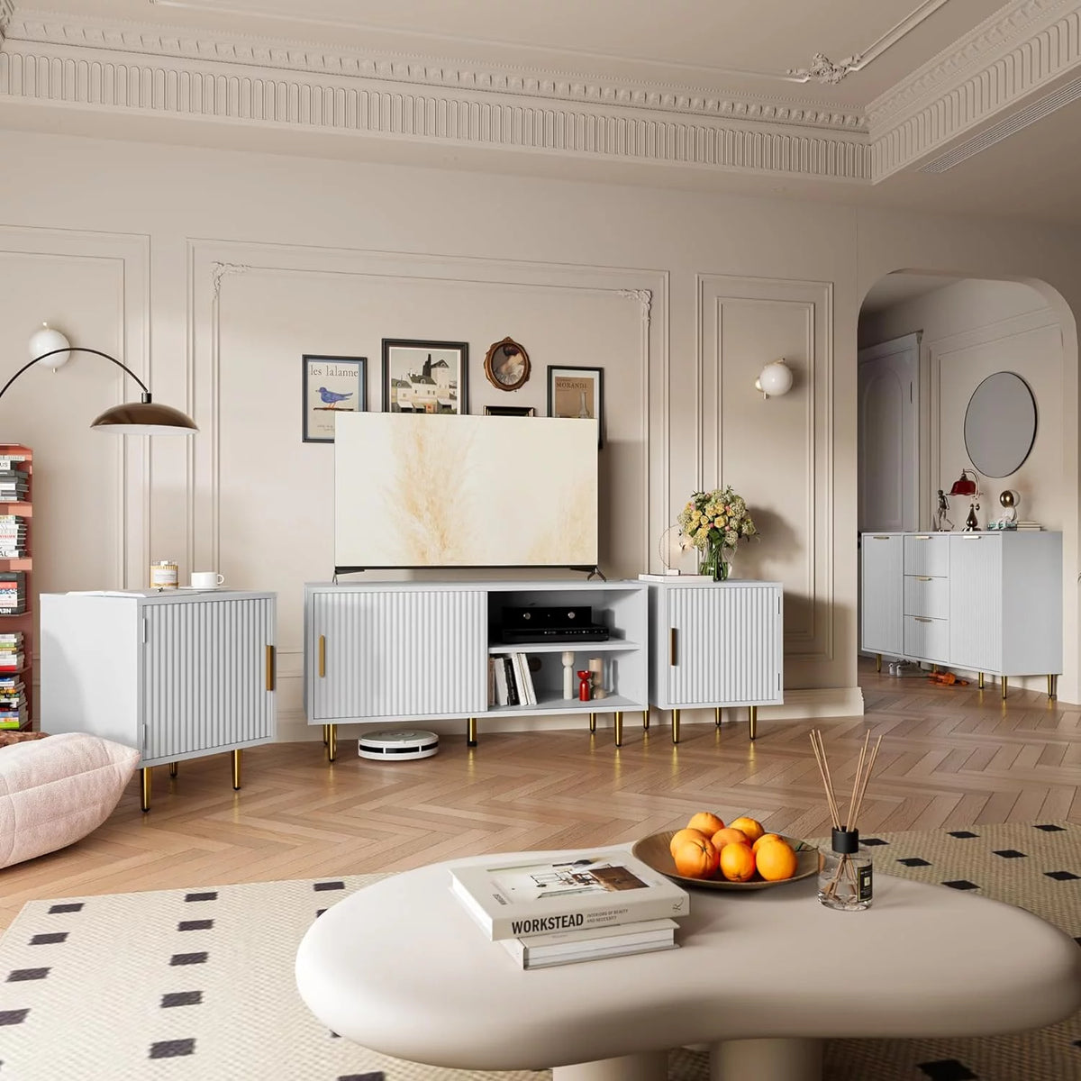 White TV Stand with Storage Cabinet Y652851
