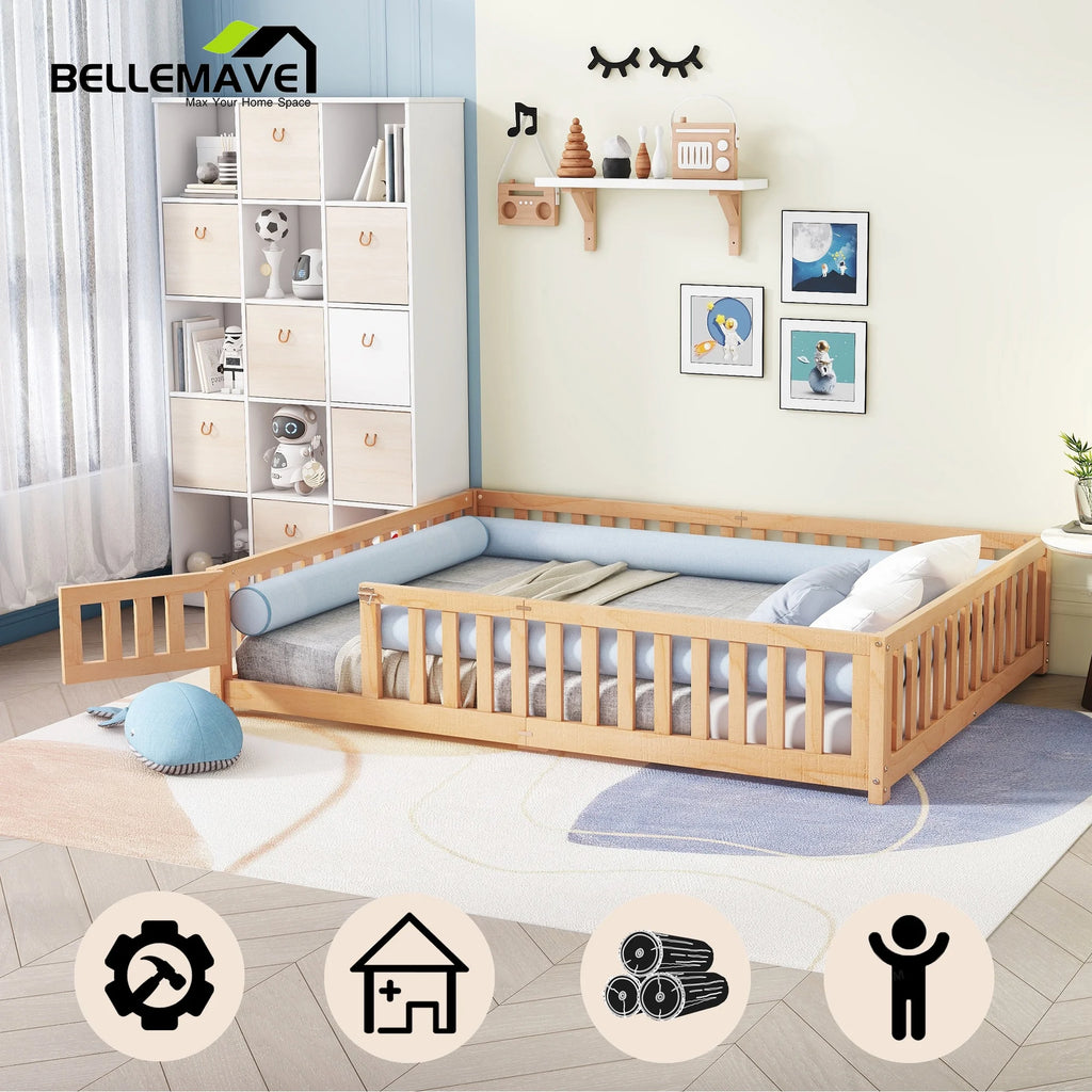 Queen Natural Solid Wood Floor Bed Frame with Slats W794992