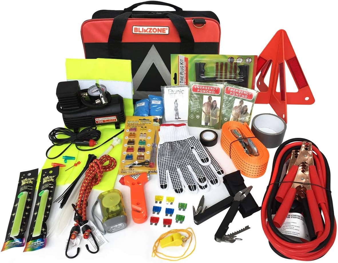 82 Pc Auto Roadside Emergency Car Kit with Tire Repair Kit, Jumper Cables, Portable Air Compressor, Tow Strap, Emergency Triangle L24593