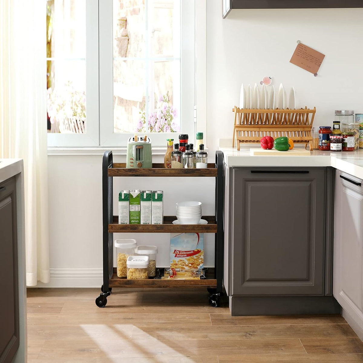 Wooden Storage Cart with Rolling Wheels and 3 Shelves U17890