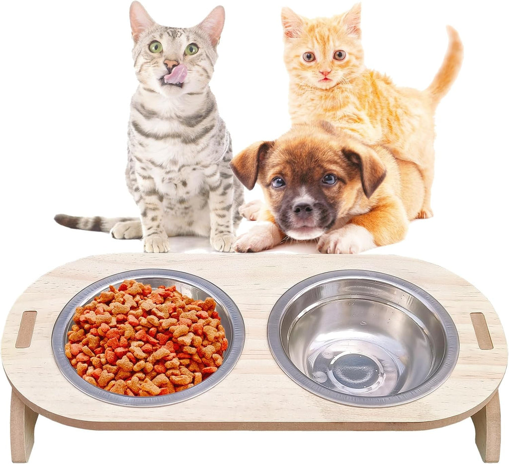 15° Tilted Raised Stainless Steel Cat Bowls with Wood Stand Q274