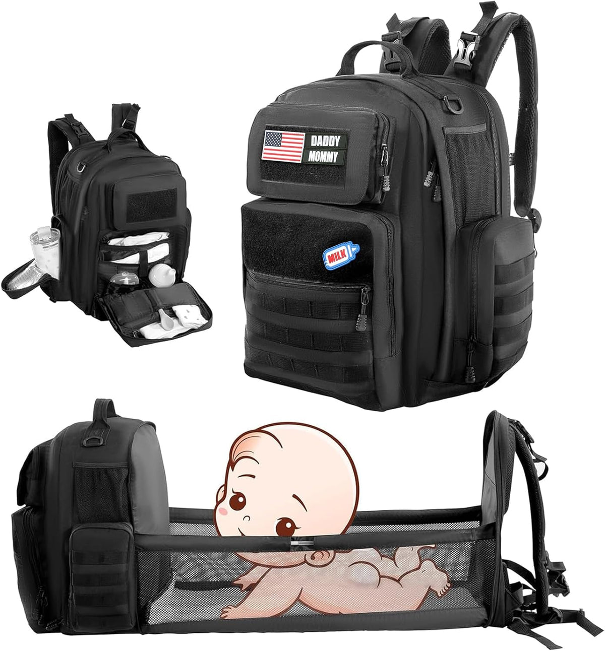 Black Expandable Military Diaper Bag Backpack with Changing Pad K591