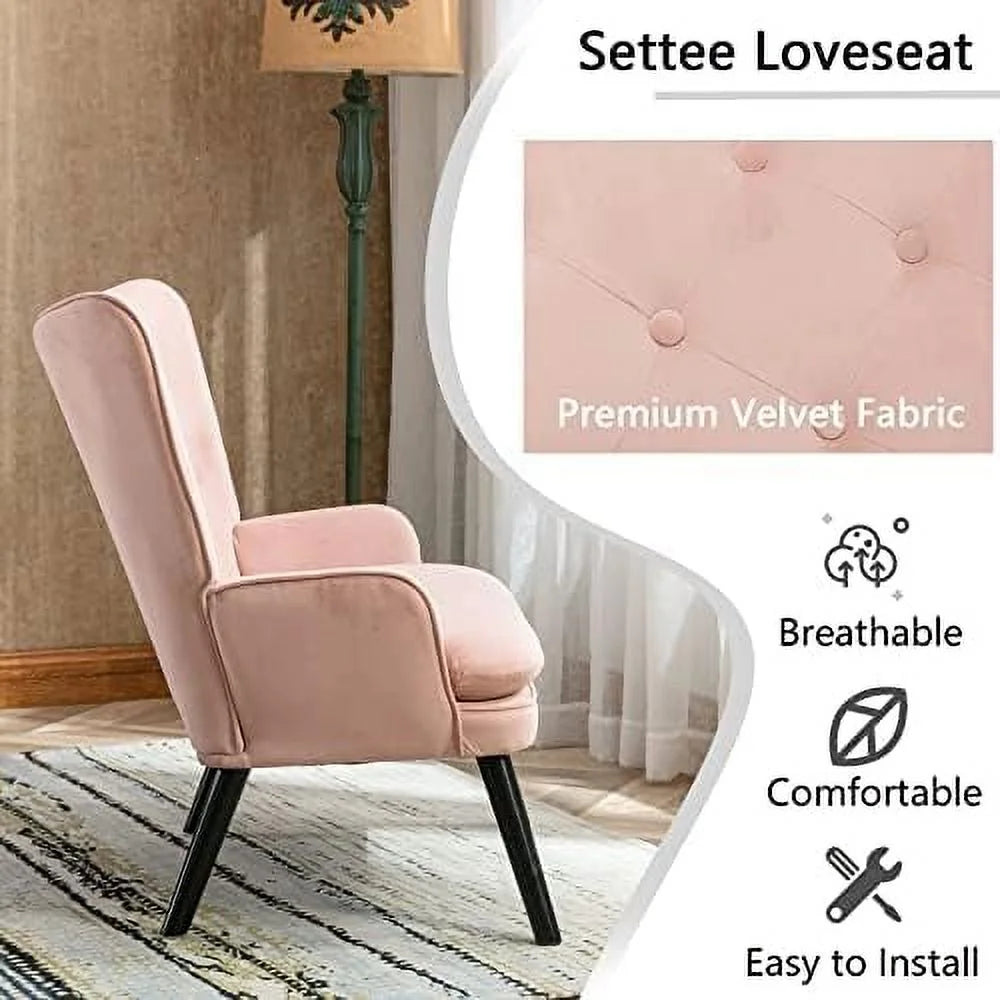 Pink Velvet Tufted Wingback Accent Chair with Solid Wood Legs B900