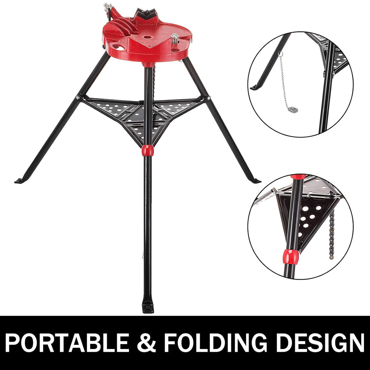 Tripod Pipe Chain Vise with Pipe Stand, Portable Foldable Steel Legs, Tool Tray W5340