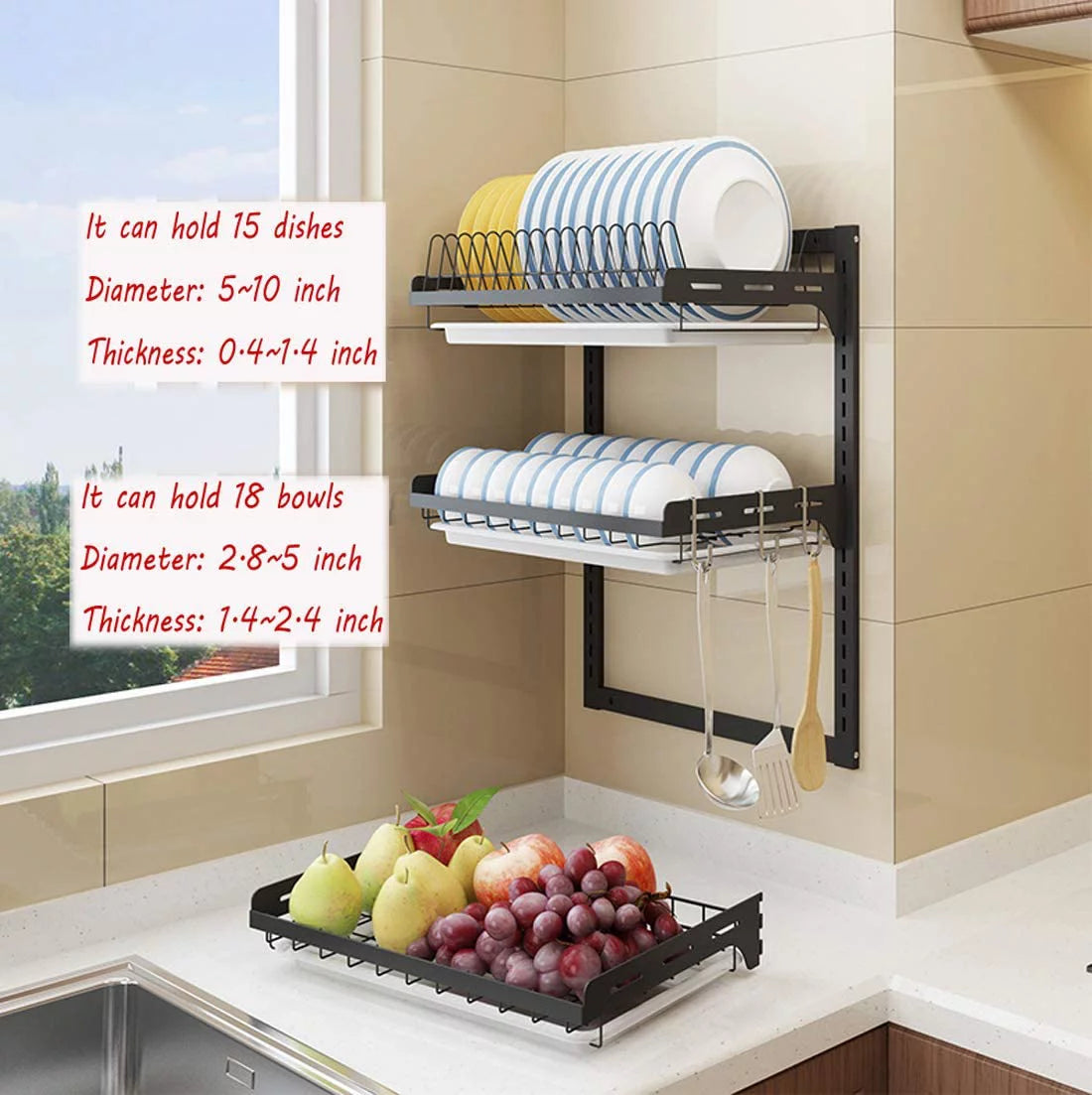 Black Stainless Steel 3 Tier Dish Drying Rack with Drainboard C3264