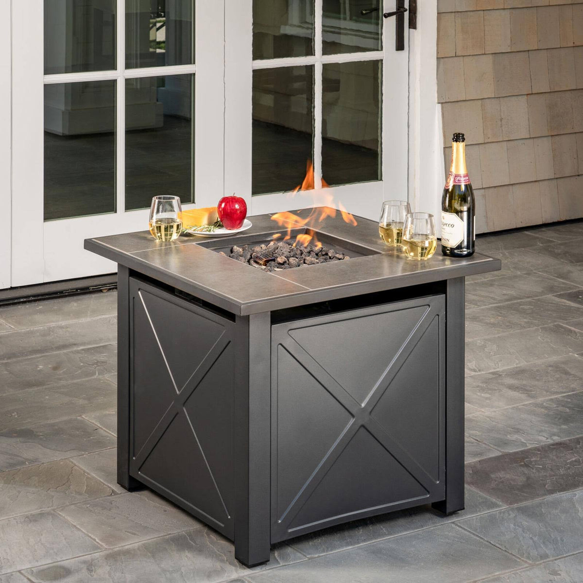 GAS Fire Pit with Tile Top and Light Gray Lava Rocks N8707