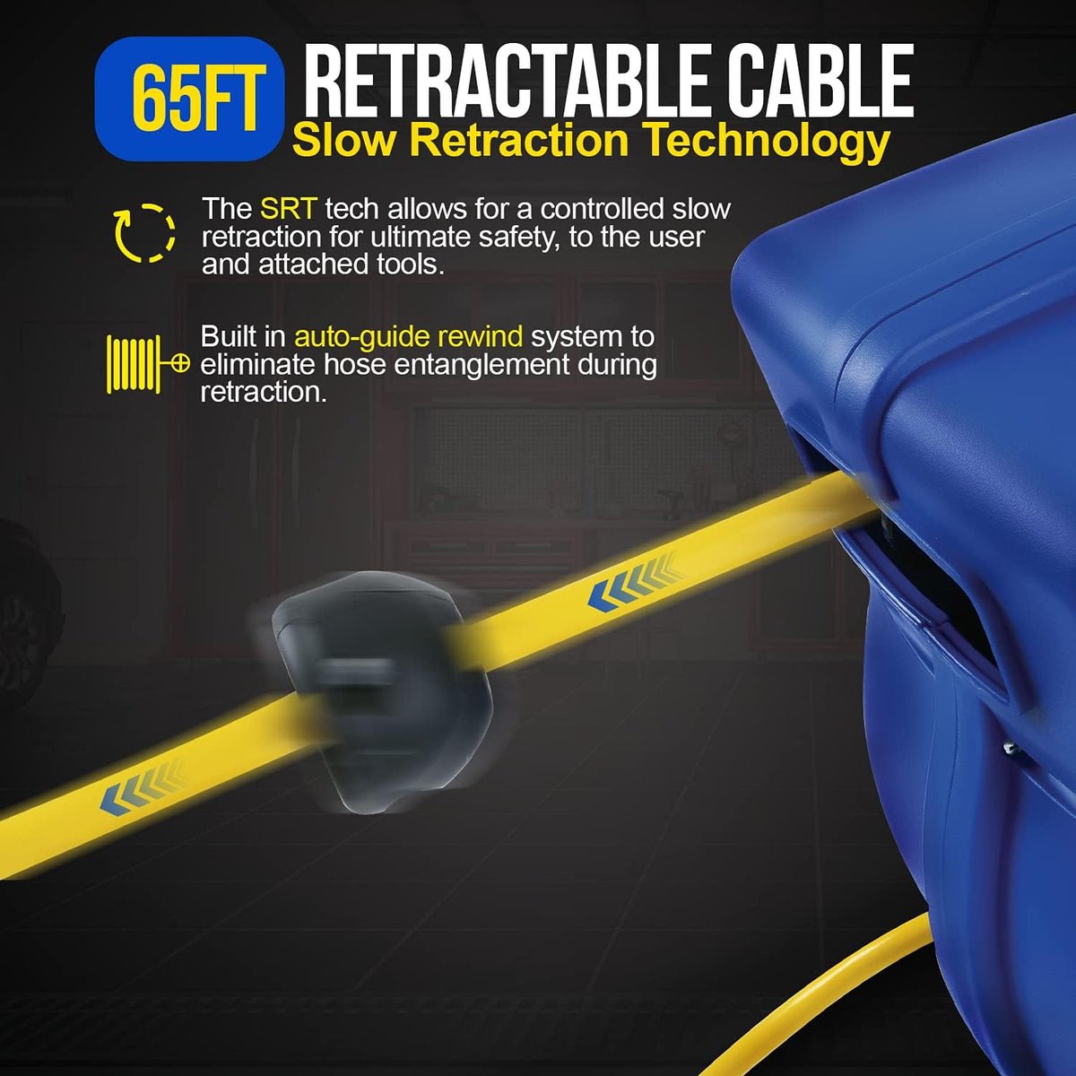 Retractable Extension Cord Reel 14AWG 65 Foot 3C/SJTOW Commercial Cable Triple Tap Connector Power 10A 125VAC 1250W Z600