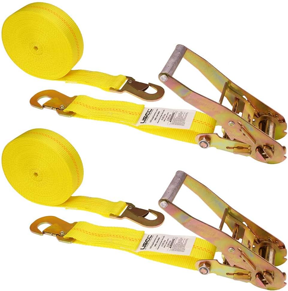 2 Pack 2 Inch x 27 Foot Yellow Ratchet Straps with Snap Hook F490
