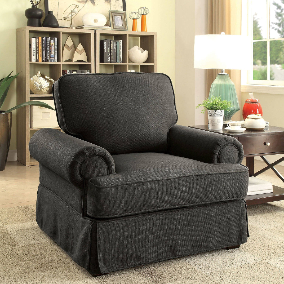 Dark Grey Linen Fabric Accent Chair F39095