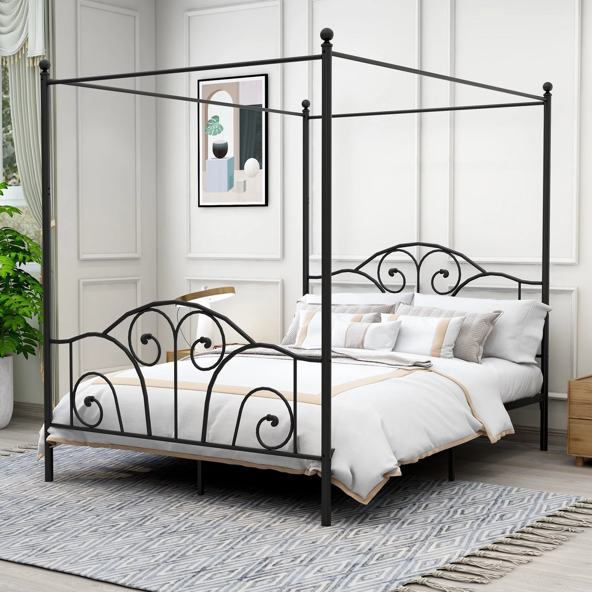 Vintage White Full Size Metal Canopy Bed Frame O2978
