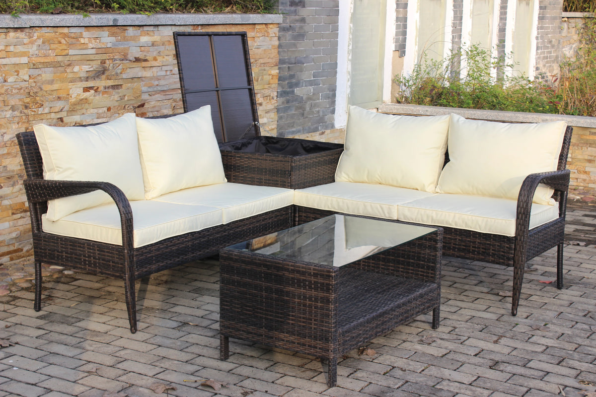 Brown Wicker Rattan Patio Sectional Sofa Set with Storage Box S15690