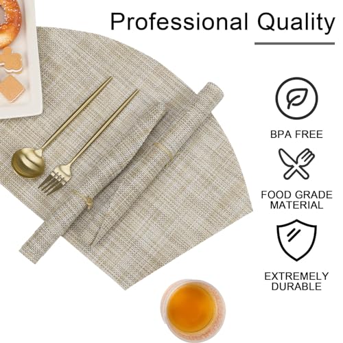 Round Table Placemats Set of 4 Non Slip Heat Resistant Woven Vinyl Metallic Golden Table Mats I2184