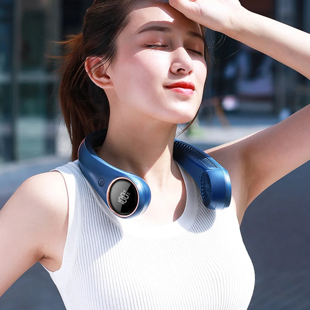 Bladeless Neck Fan Digital Display 4000mAh USB Rechargeable Blue S7729