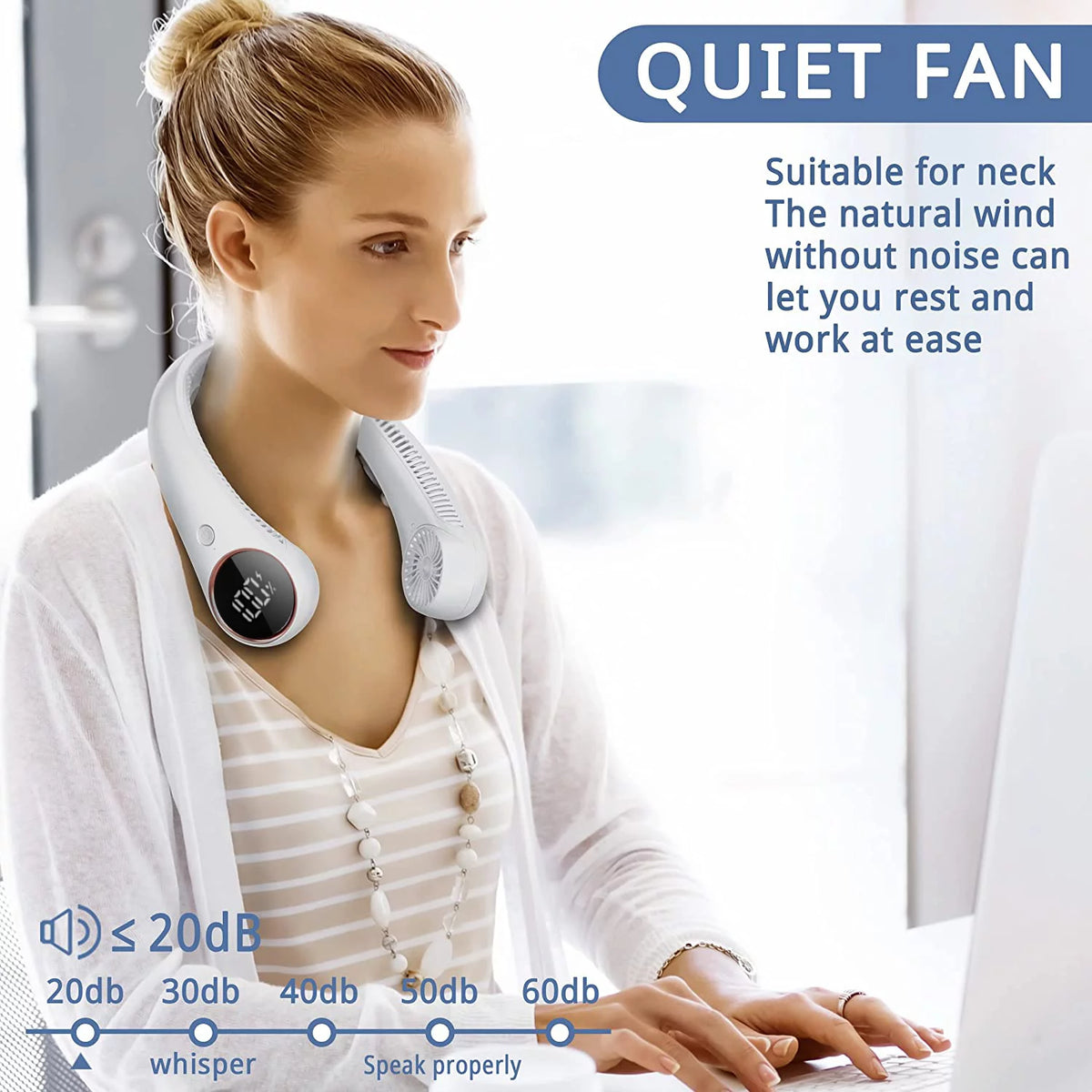 Bladeless Neck Fan Digital Display 4000mAh USB Rechargeable Blue S7729