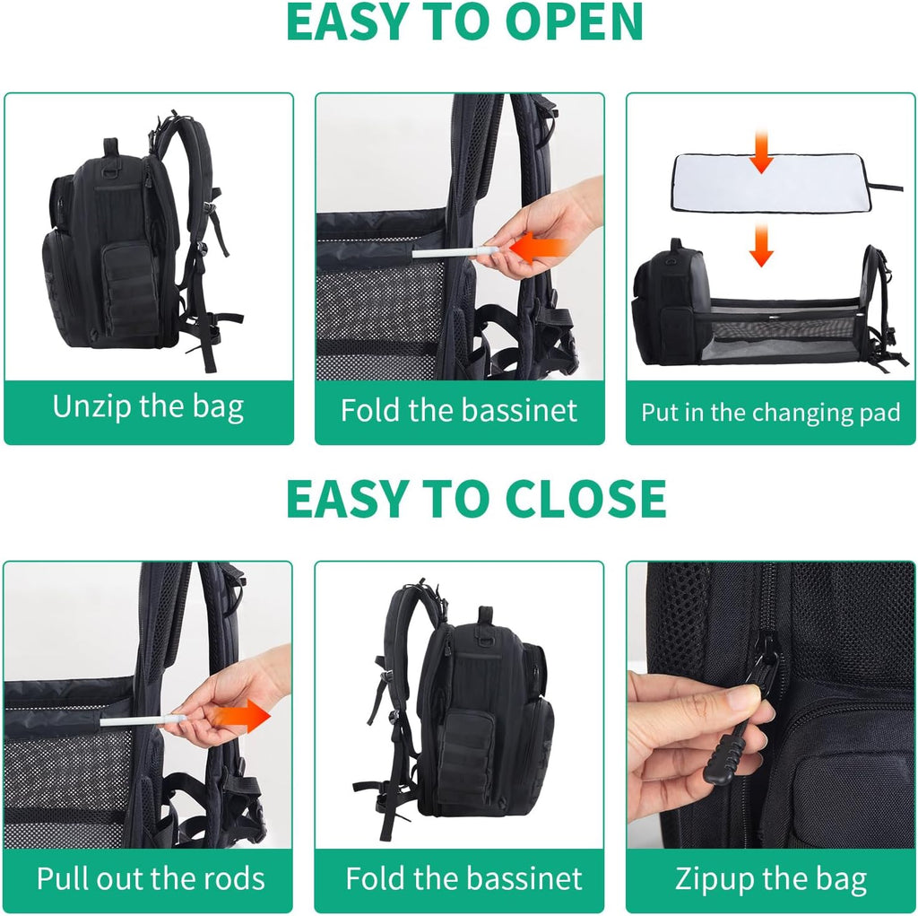 Black Expandable Military Diaper Bag Backpack with Changing Pad K591