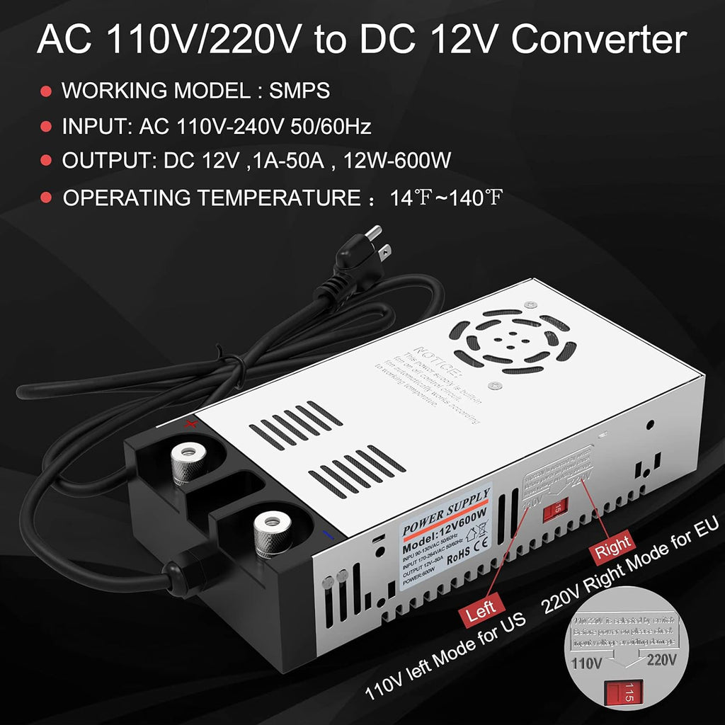 110V AC to 12V DC Converter Power Supply 600W 50A Pack of 2 M165