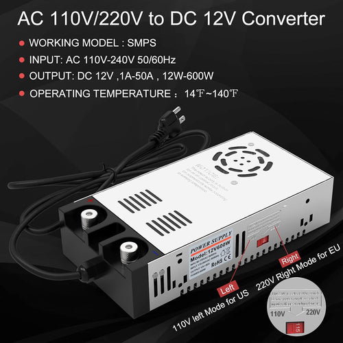 110V AC to 12V DC Converter Power Supply 600W 50A Pack of 2 M165